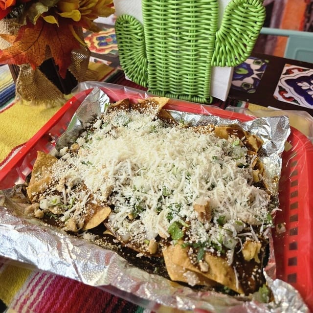 Chilaquiles green, red or mole.